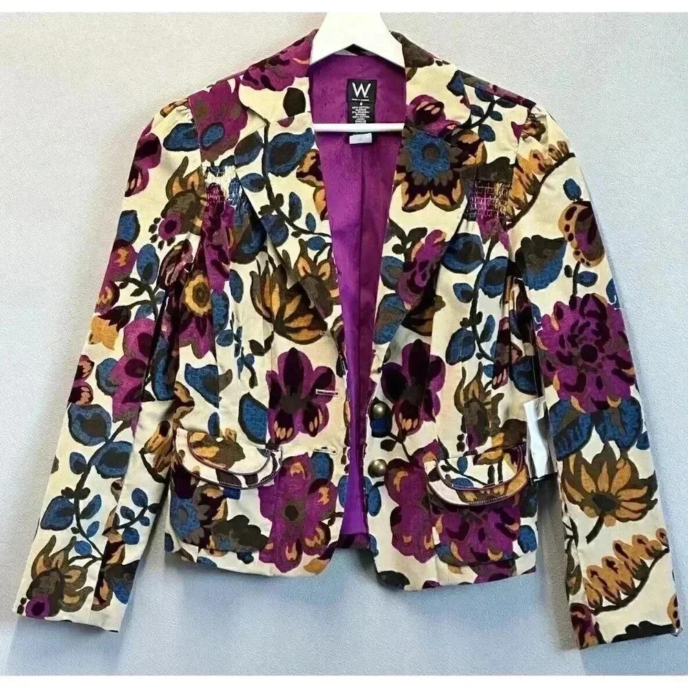 W Work To Weekend Purple FloralJacket Blazer Button Lined‎ Women's Size 8